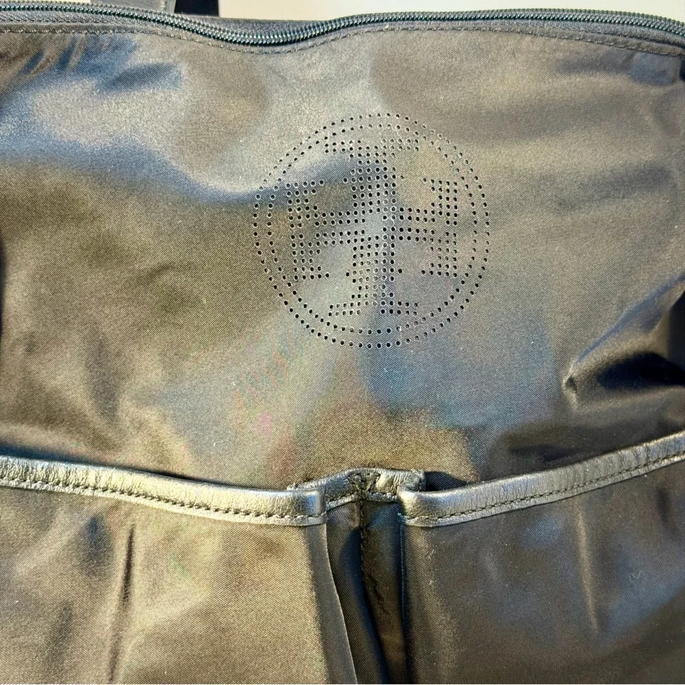 Tory Burch Black Nylon Crossbody Tote with Patterned Woven Strap